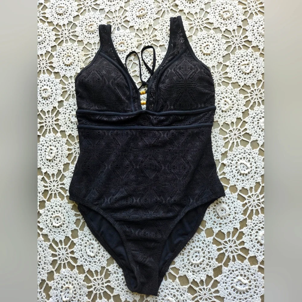 Black Lace With Gold Details One Piece Bathing Swimsuit | Summer